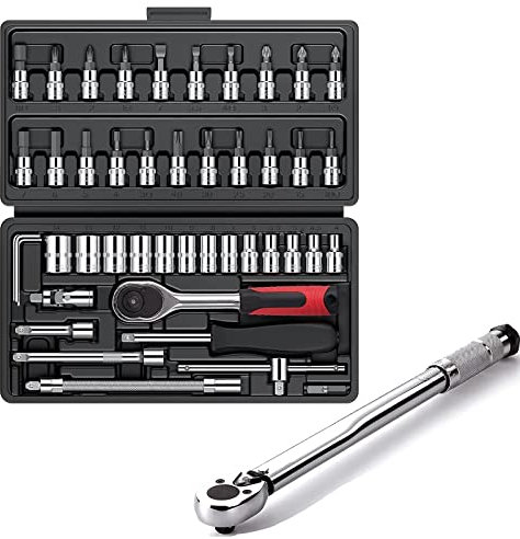 QWAXTRIW Socket Wrench Set, Professional 46Pcs Metric Socket Ratchet Wrench Set 1/4 Drive Socket Wrench Driver Bits Metric Set with 1/4 Torque Wrench 5-25Nm for Home and Car Repair etc (Styleablack)