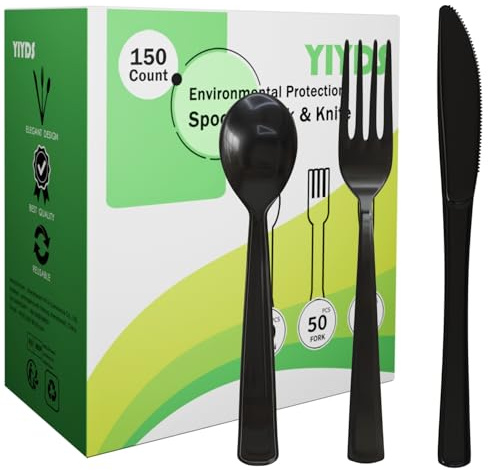 150 Stück Plastikbesteck, Strapazierfähiges Besteck Set aus Kunststoff, Party Hochzeit, schwarz,Messer, Gabel und Löffel je 50pcs Wiederverwendbar,Bestanden die LFGB-Lebensmittelsicherheitsprüfung