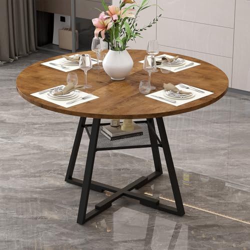 GOLDFAN Round Dining Table for 6-8 People 120 cm Wooden Kitchen Table with Storage Shelf, Rustic Style with Metal Base for Dining Room