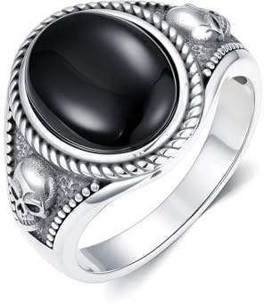 BETHZA Schwarzer Onyx Totenkopfring für Herren 925er Sterlingsilber Gothic Vintage ovaler schwarzer Onyx Totenkopfring Schmuck Geschenk für den Vater