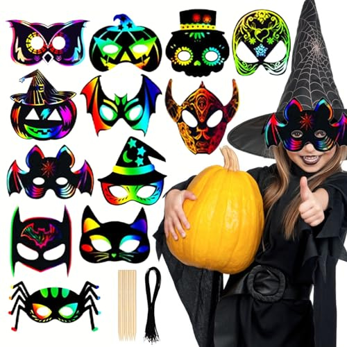 Scratch art maschere Halloween bambini - 12 Pezzi Magiche immagini colorate da grattare Pipistrello Scheletro Zucca Ragno, con bastoncino di legno e cordicelle, decorazioni di Halloween
