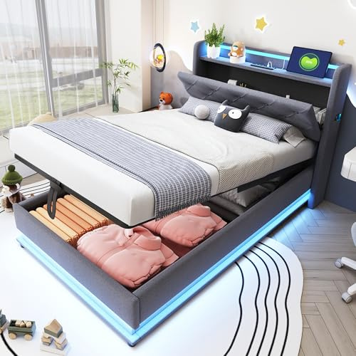 Polsterbett 90x200, Jugendbett Einzelbett mit LED-Beleuchtung & Ladestation, Regalkopfteil mit Stauraum, Hydraulisch Stauraumbett Funktionsbett Bettgestell mit Lattenrost, Leinen, Ohne Matratze, Grau