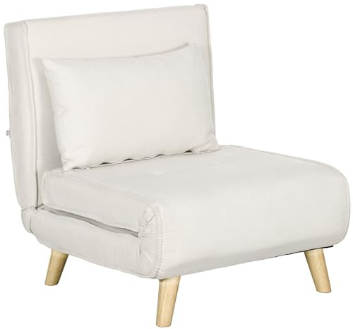HOMCOM Poltrona Letto Singolo 2 in 1 con Schienale Regolabile in 6 Livelli e Cuscino, Divano Letto Singolo per Camera da Letto e Soggiorno, in Tessuto, Acciaio e Legno, 72x78x79 cm, Beige