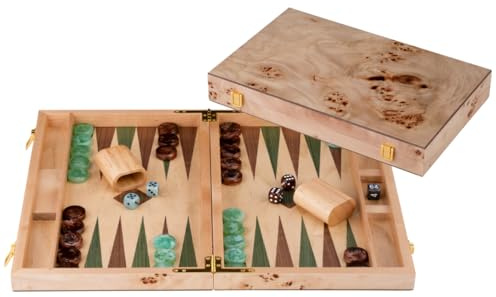 Engelhart-250551 – Backgammon en Bois 18 Pouces (45.5 cm) Valise Luxe en Bois de Ronce Incrustation en Noyer – Ouvert 52 × 45,5 cm – Pions Vert/Brun – Dés et Gobelets – Jeu de Société Traditionnel