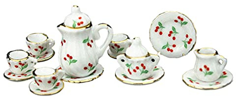 Ameble Juego de té en Miniatura para casa de muñecas, Tazas, ollas y Platos con Estampado Floral de Cerezo de Porcelana, Accesorios de Comedor a Escala 1:12 para casa de muñecas, 15 Uds.