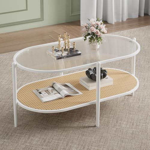 Garvee Moderna Mesa De Centro Ovalada De Ratán De 94 Cm con Estructura Metálica De Dos Niveles y Estante De Almacenamiento, Tablero De Cristal, Estilo Bohemio para Sala De Estar, Dormitorio y Oficina | con Estructura Metálica De Dos Niveles y Estante De Almacenamiento, Tablero De Cristal, Estilo Bohemio para Sala De Estar, D