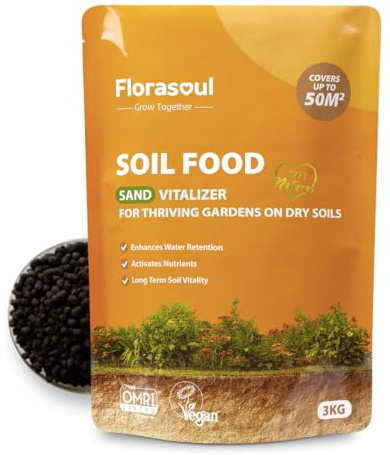 Florasoul® Jordförbättrare för Sandjord | Naturlig Vattenhållning för Torr Jord | Förbättrar Jordstruktur | Granulat för Grönsaker, Gräsmatta & Blommor | 3 kg för 50 m²