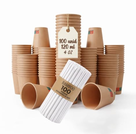 GASTROTOMI 100 Vasos Café Desechables Marrón 120 ml y 100 Palitos de Madera