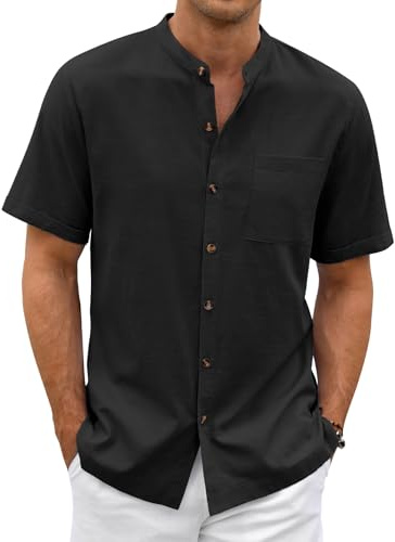 Lonya Camisa Lino Hombre Camisa de Manga Corta Verano Casual Regular Henley Algodón Camisas con Botones Bolsillo de Playa Vacaciones