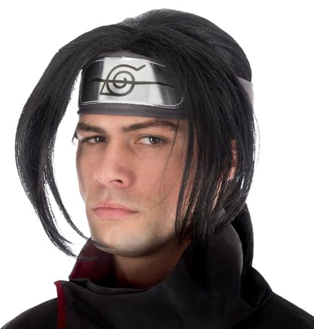 Chaks - Itachi Uchiha Perücke, Anime Kostüm Accessoire | Offizielle Naruto Verkleidung, Perücke mit Zopf im Ninja Look für Karneval, Cospaly und Comic Con