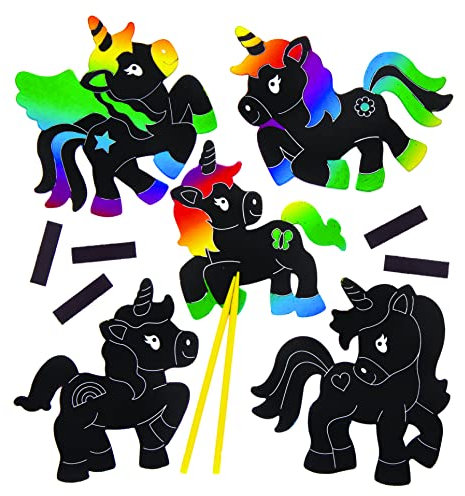 Baker Ross Kratzbild-Bastelsets „Einhorn“ mit Magneten (10 Stück) – buntes Regenbogen-Kratzpapier – Bastelidee für Kinder