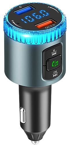 ILOKEY Bluetooth 5.0 Car FM Transmitter for Car 12V~24V Noise Cancelling MP3 Player 7 Color LED Charger Adapter Supports QC 3.0 Fast Charge Handsfree Call TF Card USB Flash Drive (black-BC52)