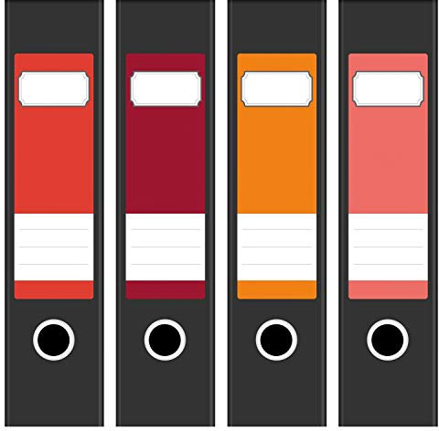 Ordneretiketten | 4 Aufkleber für breite Akten-Ordner | Farb-mix Rot Orange | selbstklebende Design Akten-Etiketten | Deko Sticker für Rückenschilder Ordnerrücken | zum Beschreiben