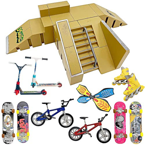 Finger Skateboard Ramp Set, Finger Skatepark Kit 16-teilig, Skate Park Kit inkl. Skateboards, Rampen, Scooter, Skates, and Bikes, Fingerboard Skate, Party Bags for Children's Birthday