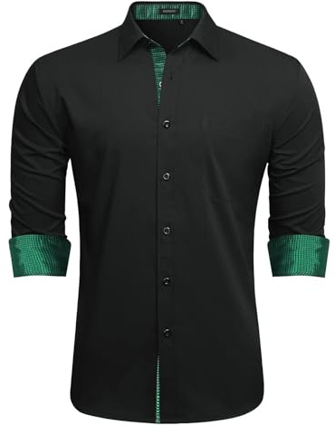 HISDERN Black Green Dress Shirts for Men Regular Fit Classic Collar Casual Shirt Long Sheeve Button Down Wedding Party Work with Pockets