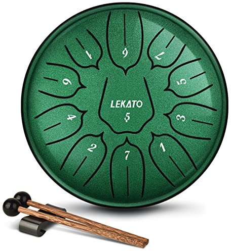 LEKATO Zungentrommel 6 Zoll, Tongue Drum mit 11 Tönen, D-Dur, Legierter Stahl, mit Stoffbeutel, Steel Pan Schlaginstrument für Anfänger, Handpan Drum für Klangheilung Meditation Yoga, Jadegrün