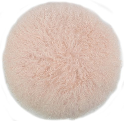 SNUGRUGS Round Mongolian Long Curly Wool Sheepskin Cushion/Pillow & Cushion Inner (40cm Width, Light Pink)