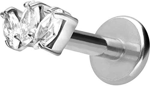 PIERCINGLINE Titan Labret mit Gewinde 3 Kristalltropfen Piercing Lippe Nase Ohr Helix Silberfarben 1,2 x 6 mm