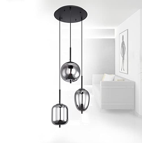 bmf-versand® Hängelampe aus schwarzem Metall mit rauchfarbenem Glas mit Pflegetuch - Pendelleuchte 3-flammig für Wohnbereich und Essbereich – 3x E14 Fassung 40 Watt
