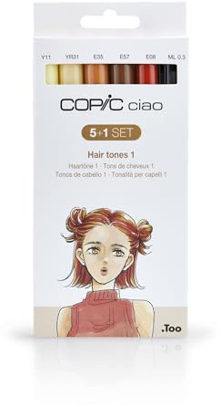COPIC Ciao färgad markörpenna – 5 + 1 set hårtoner 1, för konst & hantverk, färgning, grafik, överstrykningspennor, design, anime, professionella och nybörjare, konsttillbehör och målarböcker