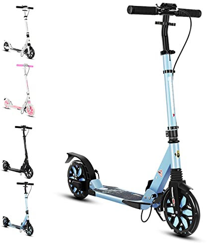 Bueuwe City Roller Erwachsene 150 kg Tragkraft, Tretroller Cityroller Erwachsene mit 200mm LED-Blinkräder, Klappbar Kickboard Big Wheel Scooter, Höhenverstellbar, Scheibenbremsen,Blau