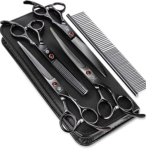 GLADOG Fellscheren-Set mit runden Sicherheitsspitzen, professionelle 6-in-1-Pflegeschere für Hunde, scharfe und robuste Fellpflegeschere für Hunde, Katzen, Haustiere