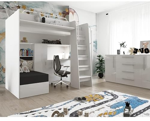 Marlux-Meble Hochbett JSM-7 90x200 TREPPE RECHTS mit Schreibtisch Schränke und Ausklappbares Sofa 70x180 Hochglanz Funktionsbett Etagenbett Stockbett Kinderhochbett Jugendhochbett (Weiß Glanz)