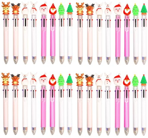 LATERN 32 Pezzi Penne a Sfera Natalizie, 6 In 1 Penna Navetta Retrattile Multicolore 18CM Albero di Natale Pupazzo di Neve Renna Babbo Natale Penne Roller per Riempitori di Calza Bomboniere (8 Stili)