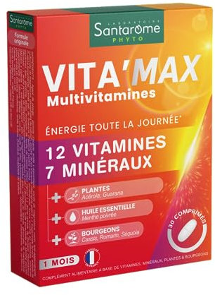Santarome Bio Phyto - Vita'max Multivitamines - 12 Vitamines & 7 Minéraux, Guarana - Complément alimentaire Tonus et Vitalité - 30 comprimés - France