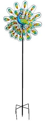 SJASD Windmühle aus Metall in Pfauenform,210cm Windspinner für den Außenbereich 360° drehbar, Kinetischer Gartenstecker Windrad mit Blatt in Zwei Richtungen,Terrasse, Rasen, Gartendekoration