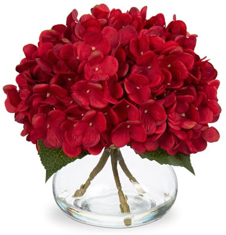 Oairse Flores artificiales hortensias en jarrón de cristal flores artificiales de hortensia impresión 3D real táctil flores artificiales como hortensias reales para bodas, hogar, hotel, fiesta,