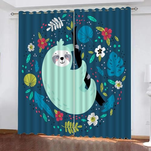 GIOVIA 3D Faultier Gardinen Abdunkelnde Cartoon Tiere Kindervorhänge Vorhang mit ösen 2er Set Vorhänge Blickdicht Verdunkelungs für Kinderzimmer Schlafzimmer Wohnzimmer B 140 X H 160 cm