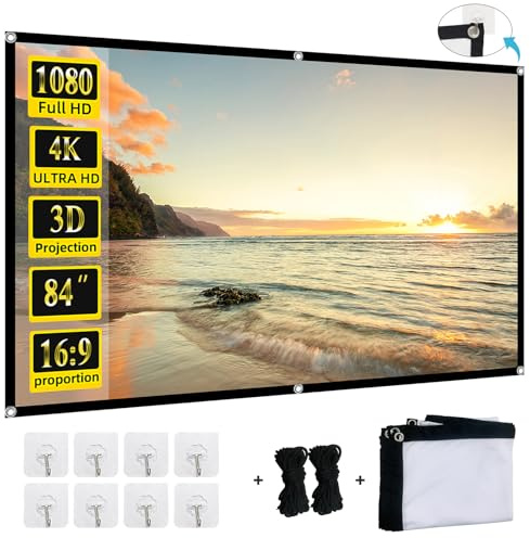 XINLEMY - Pantalla de proyector plegable, 84 pulgadas, 4K, 16:9, HD, portátil, antiarrugas, pantalla de cine de doble cara para cine en casa, patio, interior y exterior