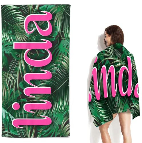 CHEFFS Personalisiertes Strandtuch Mikrofaser Badetuch Groß mit Namen Kinder, Handtuch Badehandtuch mit Namen, Personalisierte Strandtücher Blätter Badetuch Strand handtücher (90 x 180 cm,1)