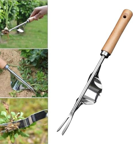 HASAGEI Unkrautstecher Edelstahl, Handjätgerät für den Garten, Manuelles Unkrautjätgerät aus Edelstahl mit Holzgriff, Manueller Weeder Löwenzahnzieher Rasenmäher für den Garten Rasen Hof (1 Stück)