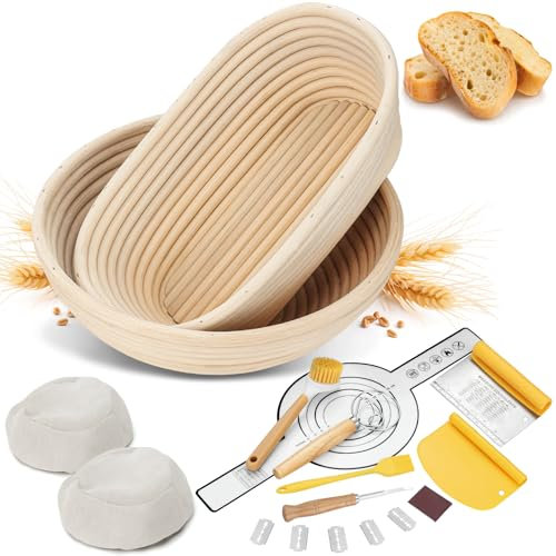 Pleafind Sauerteig-Gärkörbchen-Set, 22,9 cm oval & 25,4 cm rund, Banneton Brotgärkorb, 9-teiliges Sauerteig-Starter-Set für Sauerteigbrot