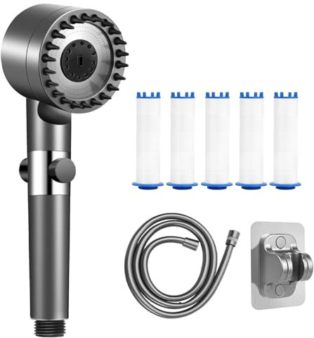 Pommeau Douche Universel Économie d'eau, Pommeau de Douche Haute Pression avec Tuyau 1.5 M, Shower Head de Rechange avec Support de Douche Manuel Sans Perçage, Pommeau de Douche avec Filtre 5 PCS