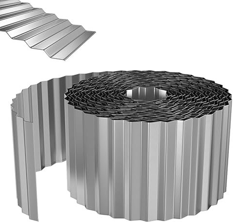 Aufun Borde de césped de metal de 15 m, borde de arriates con ondas galvanizadas, 15 cm de altura, borde de césped ideal para delimitar el césped, flexible borde de arriates para amantes del jardín y