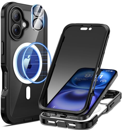 seacosmo Sichtschutz für iPhone 16 Hülle [Kompatibel mit MagSafe], Eingebaut 9H Privacy Schutzglas Screen Protector &Kamera Schutzfolie, 360 Grad Full Body Militärschutz Stoßfest Handyhülle -Schwarz