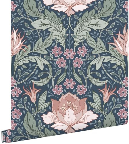 papier peint fleurs vintage de style art nouveau bleu, vert et rose terracotta 50 x 900 cm - ESTAhome