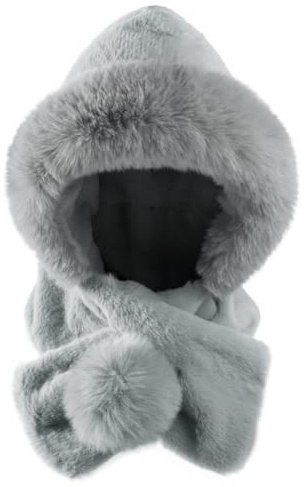 Women Beanie Earflaps Hat 2in1 Fluffy Winter Skull Ski Cap with Ears Warm Plush Shawl Scarf Set Faux Fur Bomber Trapper Hat Fleece Lined Thermal Pom Earflaps Hats Neck Warmer Cold Weather Costume
