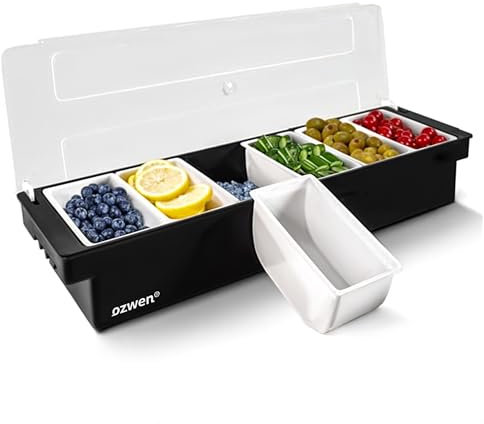 Ozwen 6-Compartment Detachable Topping & Garnish Station, Plastic Pizza Ingredient & Food Condiment Dispenser, Ice-Chilled Seasoning Tray for Serving, Bartending & Salad Prep for Home & Restaurant