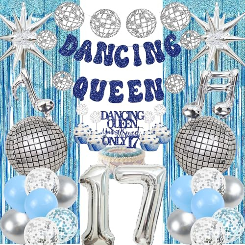 17 Geburtstag MäDchen Dancing Queen - 30 Pcs Dekoration Set Tanzende KöNigin Banner Konfetti Disco Folienballons Regen Vorhang Tortendeko FüR Ihre Mamma Mia Junggesellinnenabschied Und Disco Party