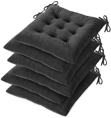 OVOV Kitchen Chair Cushions Set of 6 for Dining Room 15.5x15.5 Dark Grey | Tufted, Indoor, Chair Pads with Ties, Soft, Crystal Velvet, Square, Multi-quilted, for Dining Kitchen and Office Chairs