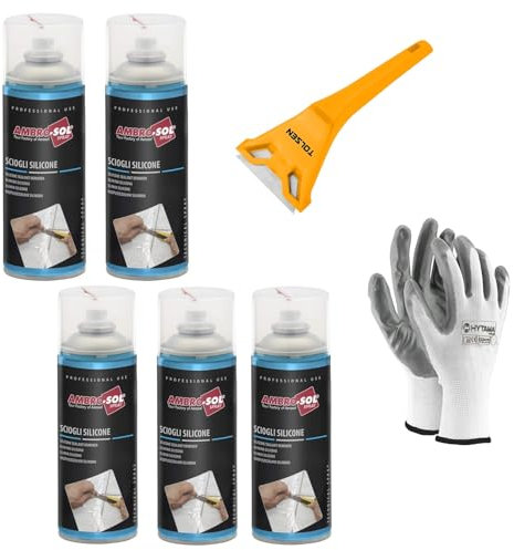 Disuelve silicona, elimina la silicona y los residuos relativos sin atacar las superficies, actúa rápidamente, spray 5 x 400 ml. El kit incluye 1 raspador y 1 par de guantes de nitrilo