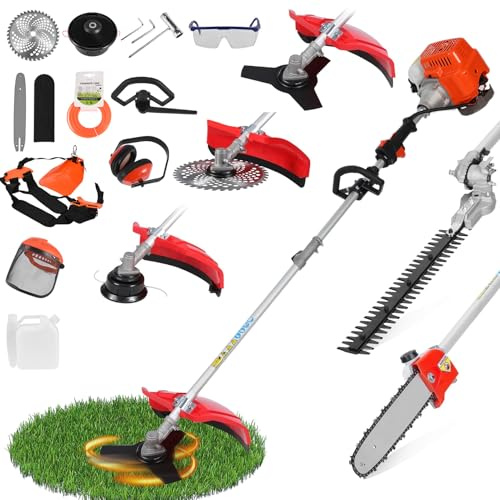 cukoekim Wacker de Mauvaises Herbes à gaz, Tranche Haies Essence 52cc 2cc 2 Coups ＆ Trimmer d'herbe, 5 en 1 mangeur Multi-1, Coupe-Brosse Poteau Long Outil Coupe extérieur pour Le Jardin la Cour