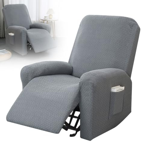 Zinueen 4-Teilig All-Inclusive Sesselbezug, Sesselüberzug Stretch für Relaxsessel & Fernsehsessel, Sesselschoner mit Taschen, Sesselbezüge Hussen (Hellgrau)