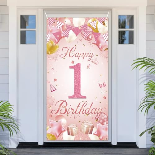 PartyYaa Decoraciones de Pancarta de Primer Cumpleaños, Cubierta de Puerta de Feliz Primer Cumpleaños, Pancarta de Fiesta Oro Rosa Extra Grande Fondo de Cabina de Fotos Cartel Decorativo Póster para