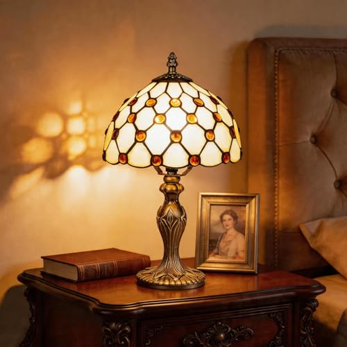 Plynvexa Tiffany Lamp,8 Yellow Beads Stained Glass Table Lamp,Tiffany Style Vintage Lamp for Bedroom,Living Room,Office Luxury Hotel-Inspired Nightstand Lighting