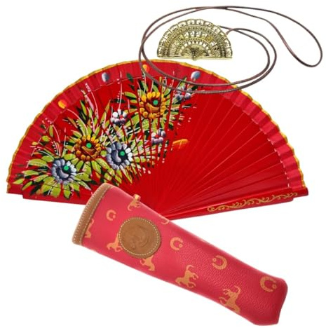 Abanico Plegable de Madera con Flores Pintadadas a Mano con Funda y Cuelga Abanicos. Funda de Lona con Crermallera y Cuelga Abanico Metálico (Fuego Floral)